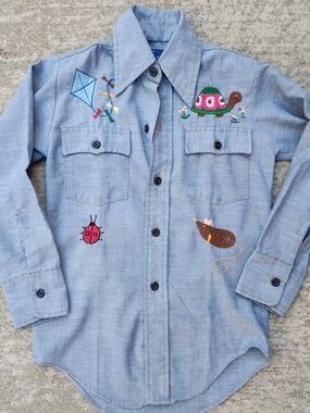 Vintage JcPenny Chambray Embroidered Kids Shirt, Turtle Kite Mouse Train, Sz‎ 10
